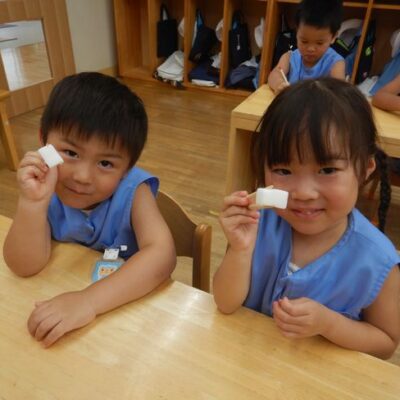 お箸のお稽古に取り組む年少組