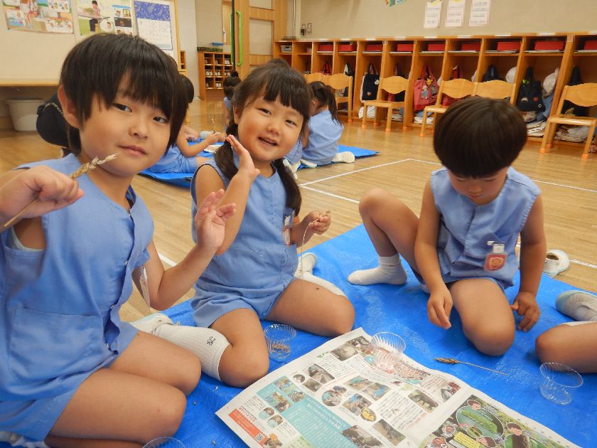 子どもたちが小麦の脱穀しているところ