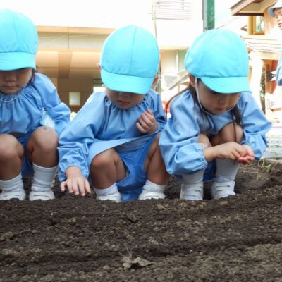 種まきをする園児