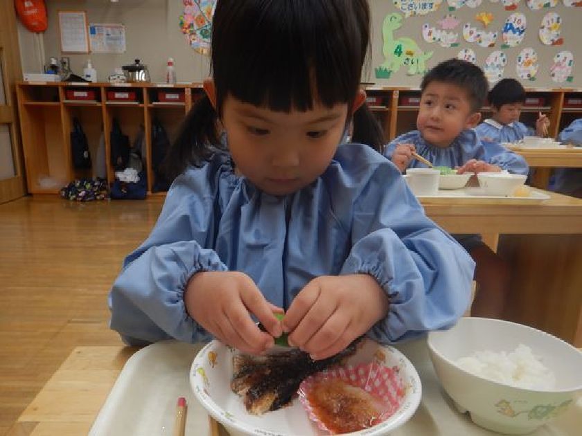 さんまを食べる園児